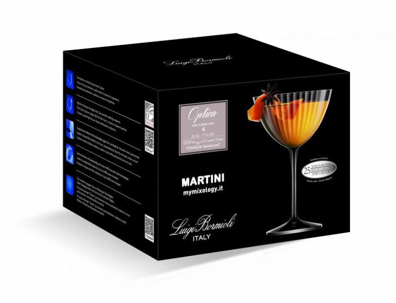 Set of 4 Luigi Bormioli Optica Martini glasses, 220ml, with ribbed design and durable lead-free crystal construction.