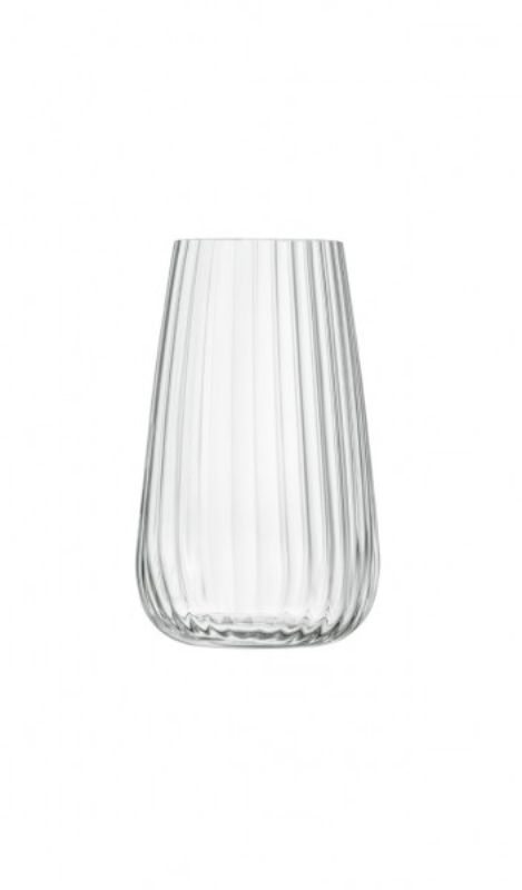 Set of 4 Luigi Bormioli Optica stemless glasses, 570ml, with ribbed design, made of durable lead-free crystal, perfect for elegant dining.