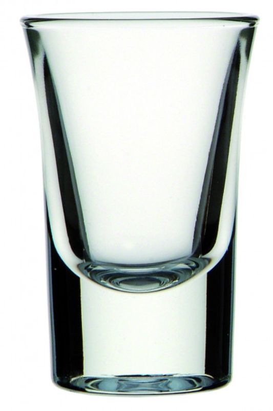 Set of 6 Italian Dublino shot glasses, 34ml each, with chunky bases and flared rims for elegant drinking experiences.