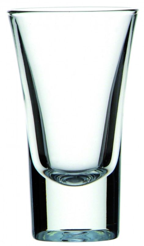 Set of 6 elegant Bormioli Rocco Dublino shot glasses, 57ml, featuring solid bases and flared rims for enhanced sipping.