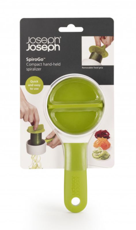 Joseph Joseph SpiroGo spiralizer in vibrant green, featuring a stainless-steel blade and ergonomic handle for easy vegetable spiralizing.