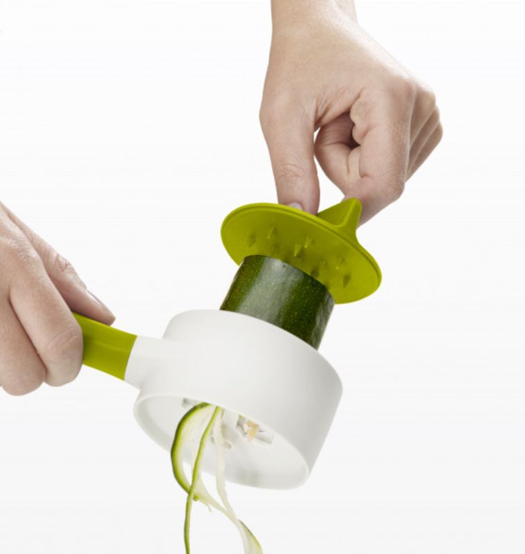 Joseph Joseph SpiroGo Spiralizer in green; compact design, sharp blade for easy vegetable spiralizing.