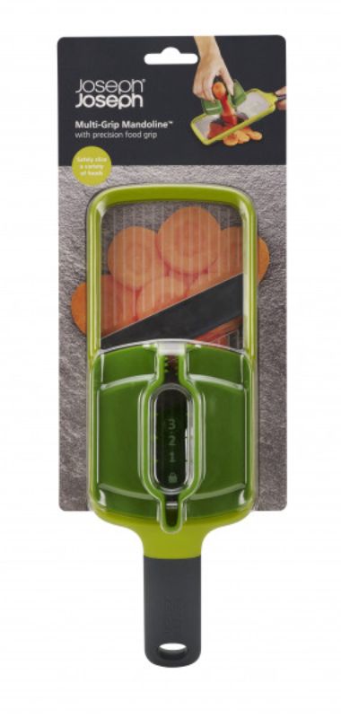Joseph Joseph Multi-Grip Mandoline in green, featuring versatile grips and adjustable slice thickness for precise vegetable prep.