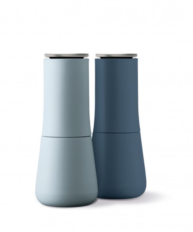 Joseph Joseph Milltop Salt & Pepper Set in Sky, featuring an inverted design for mess-free seasoning and adjustable grind size.