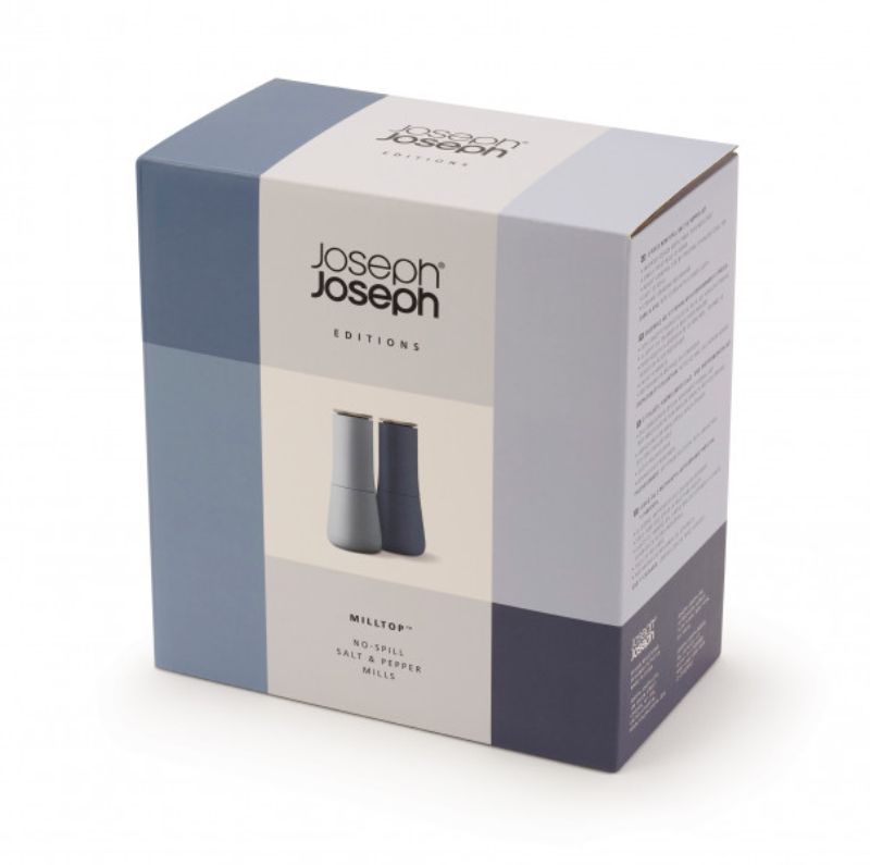 Joseph Joseph Milltop Salt & Pepper Set in sky blue, featuring an inverted design for mess-free grinding and adjustable coarseness.