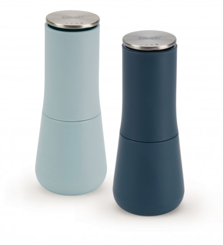 Joseph Joseph Milltop Salt & Pepper Set in sky-blue, featuring unique inverted design for mess-free seasoning and adjustable grind size.