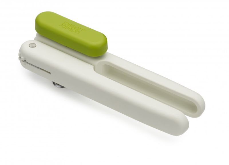Joseph Joseph Pivot 3-in-1 Can Opener in white and green, featuring a can lid cutter, ring-pull lifter, and bottle opener.