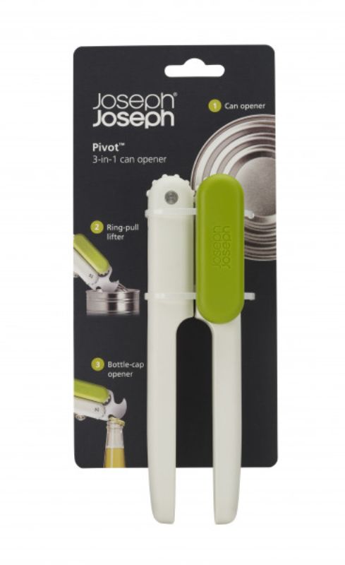 Joseph Joseph Pivot 3-in-1 Can Opener in white and green, featuring a can cutter, ring-pull lifter, and bottle cap opener.