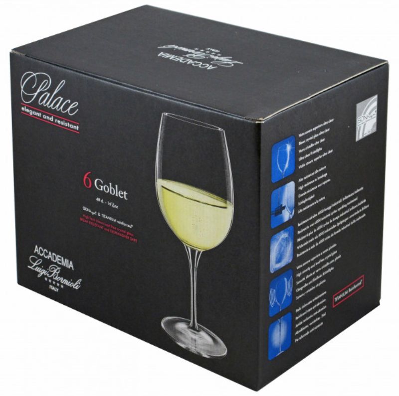 Set of 6 Luigi Bormioli Palace Wine Glasses, 480ml, elegant lead-free crystal design for optimal aeration and durability.