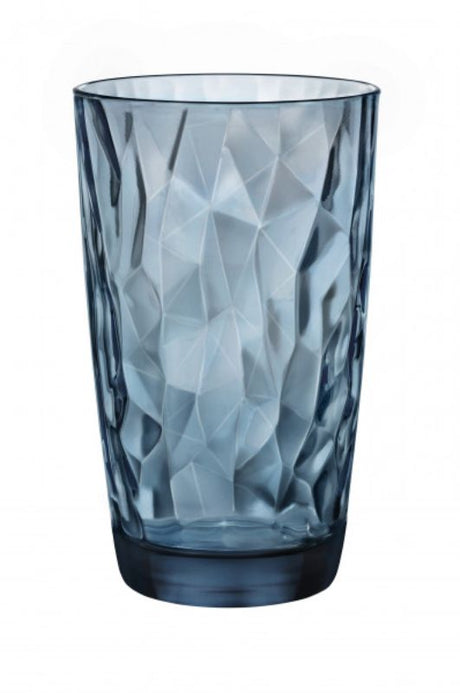 Bormioli Rocco Diamond Cooler Blue set of 6, elegant 470ml tumblers with diamond cut design and vibrant blue hue.