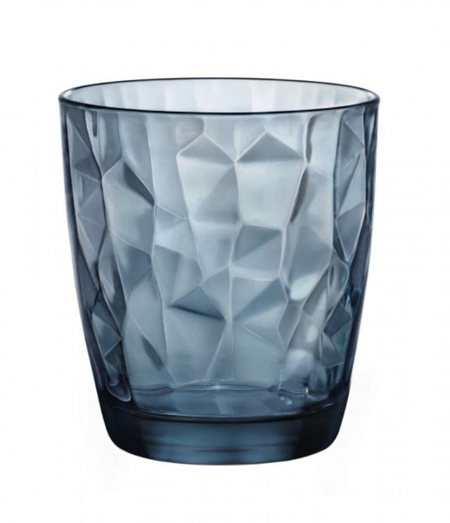 Set of 6 elegant Bormioli Rocco Diamond DOF glasses in blue, 300ml capacity, featuring a unique diamond cut pattern.