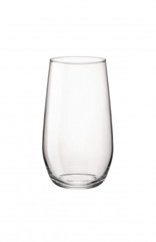Set of 6 Bormioli Rocco Electra HiBall glasses, 390ml capacity, lead-free crystal with elegant design for cocktails and juices.