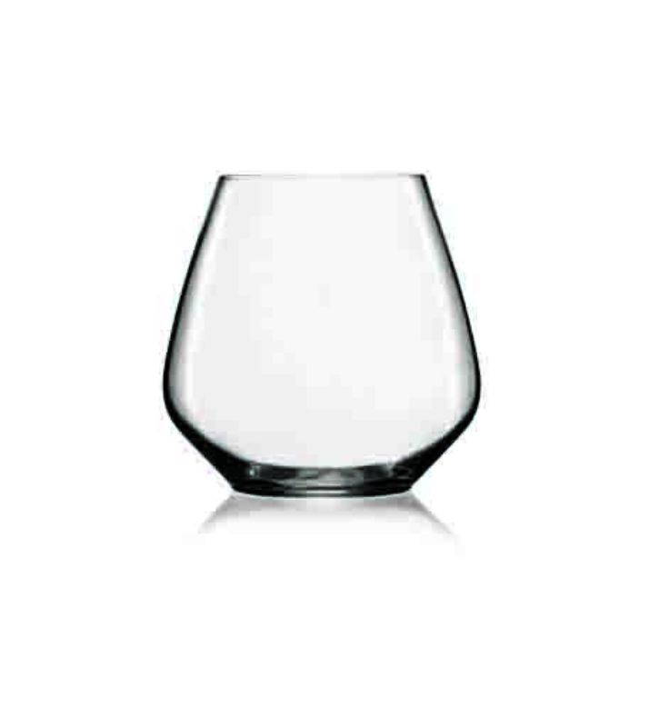 Set of 6 Luigi Bormioli Atelier stemless Pinot glasses, crafted from lead-free crystal for enhanced aroma and durability.