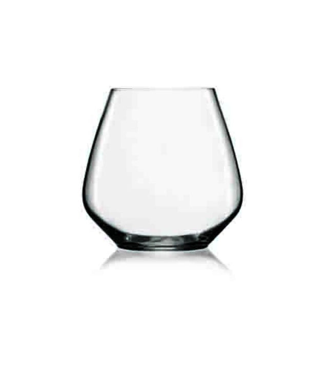 Set of 6 Luigi Bormioli Atelier stemless Pinot glasses, crafted from lead-free crystal for enhanced aroma and durability.