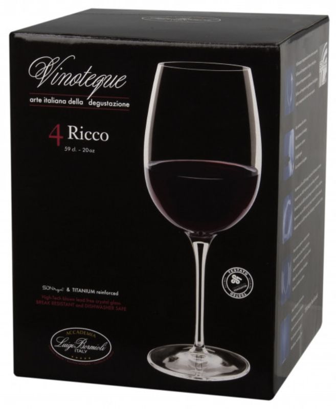 Set of 6 Luigi Bormioli Vinoteque Shiraz glasses, designed for rich red wines with lead-free crystal and elegant shape.