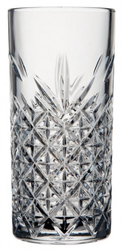 Set of 12 Pasabahce Timeless HiBall tumblers, 295ml, resembling cut crystal for elegant drink service.