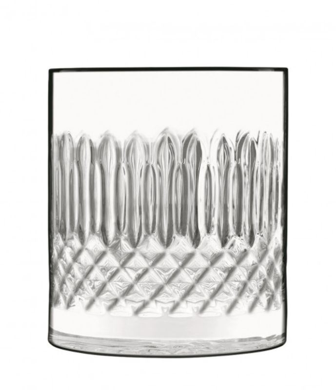 Set of 4 Luigi Bormioli Diamante DOF glasses, 380ml, lead-free crystal, laser cut rims, elegant and durable for whiskey or cocktails.