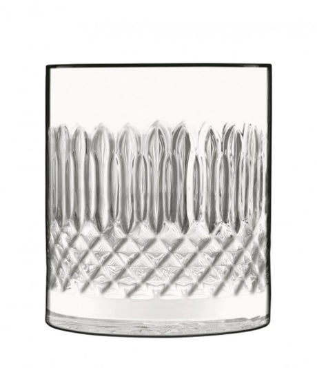 Set of 4 Luigi Bormioli Diamante DOF glasses, 380ml, lead-free crystal, laser cut rims, elegant and durable for whiskey or cocktails.