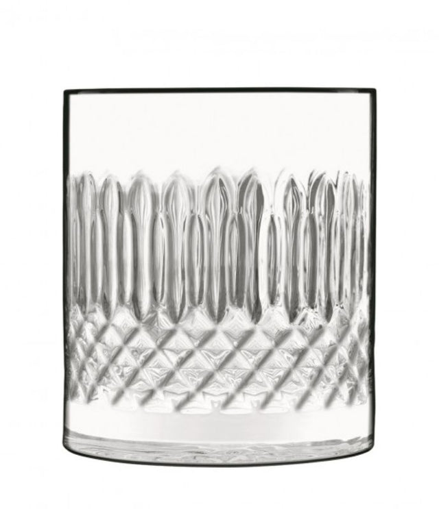 Set of 4 Luigi Bormioli Diamante DOF glasses, 380ml, lead-free crystal, laser cut rims, elegant and durable for whiskey or cocktails.