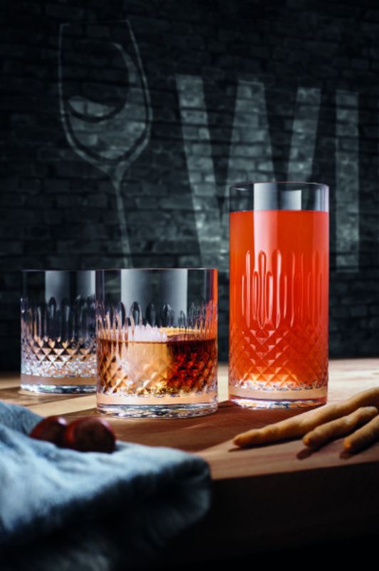 Set of 4 Luigi Bormioli Diamante 380ml whiskey tumblers, crafted from lead-free crystal with a laser-cut rim for elegance.