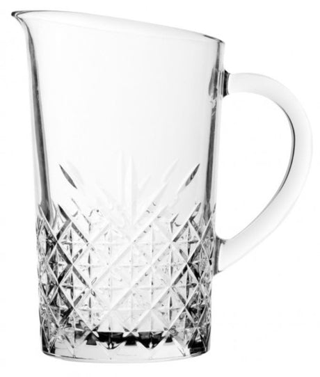 Set of 6 elegant 1.5L Pasabahce glass pitchers with vintage cut design, perfect for serving cocktails and beverages.