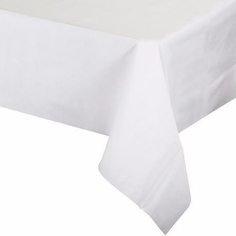 Elegant white airlaid paper tablecover, 125cm x 270cm, combines luxurious look with disposable convenience.