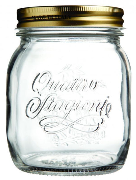 Set of 12 Bormioli Rocco Quattro Stagioni 700ml glass jars, ideal for home canning, preserves, and stylish kitchen storage.