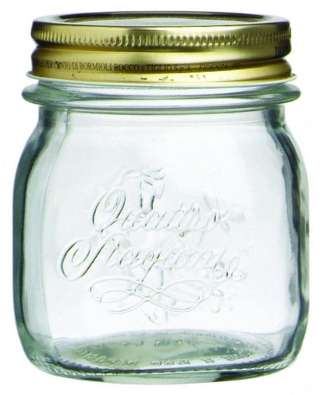 Set of 12 elegant 250ml glass jars for canning, storage, and decorative displays, crafted in Italy by Bormioli Rocco.