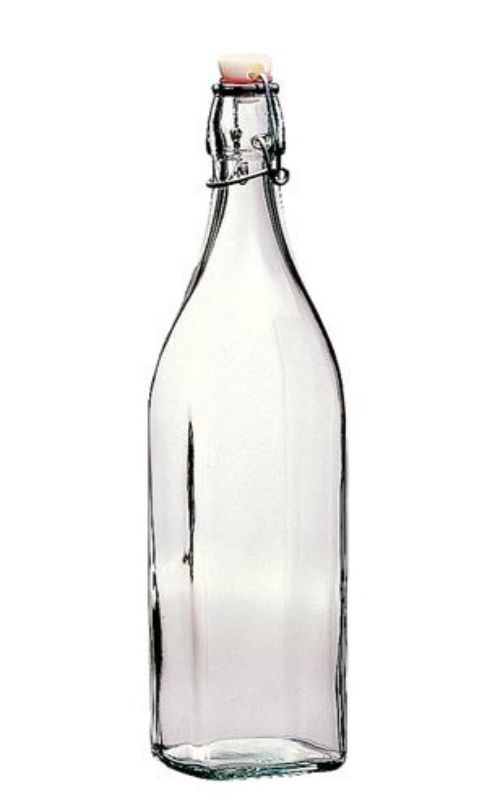 Set of 6 elegant Bormioli Rocco 1L glass swing bottles with leak-proof caps for stylish hydration.