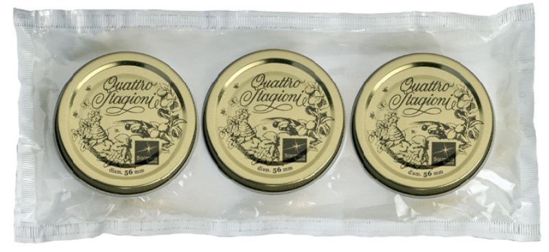 Set of 6 Bormioli Rocco 56mm Quattro Stagioni lids for safe home canning, made from eco-friendly materials.
