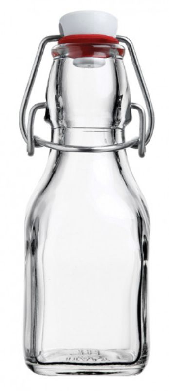 Set of 20 Bormioli Rocco 125ml swing bottles in glass, featuring leak-proof lids and a minimalist design for stylish hydration.