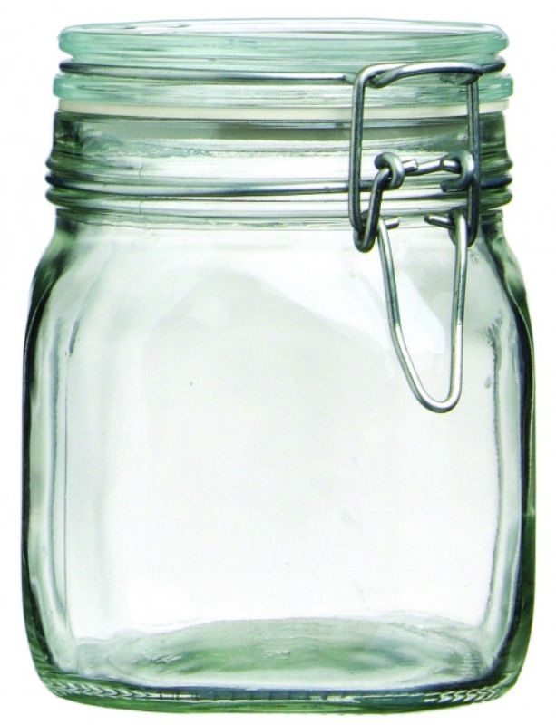 Set of 12 Bormioli Rocco Fido 750ml glass jars with airtight seal for food storage, elegantly designed, handmade in Italy.