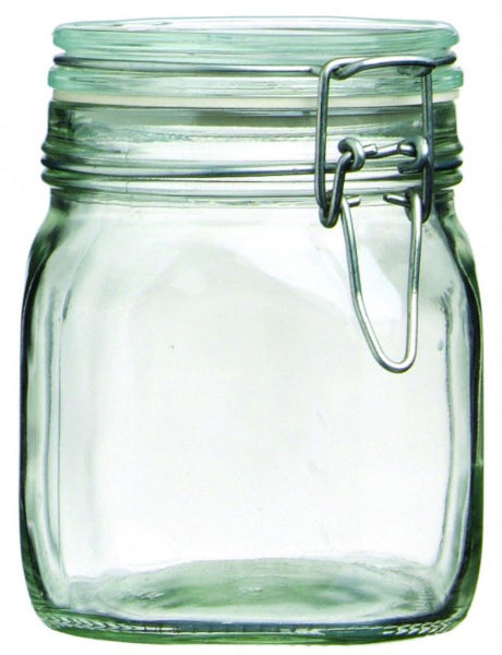 Set of 12 Bormioli Rocco Fido 750ml glass jars with airtight seal for food storage, elegantly designed, handmade in Italy.