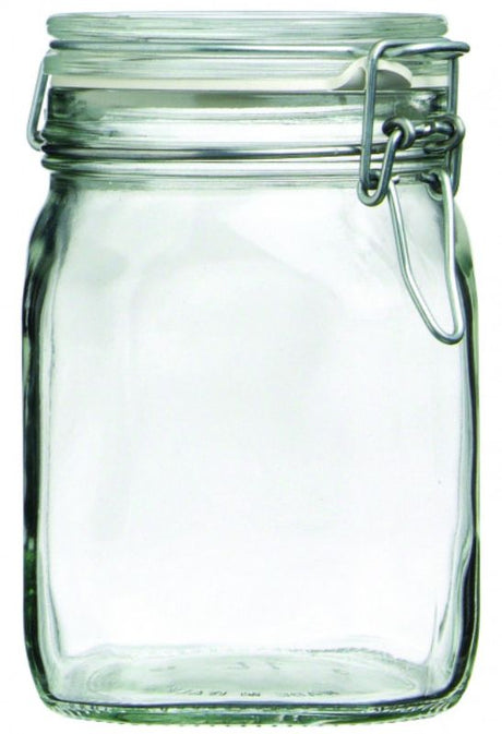 Set of 12 Bormioli Rocco Fido 1 Litre glass jars with airtight seals, perfect for stylish kitchen storage and preserves.
