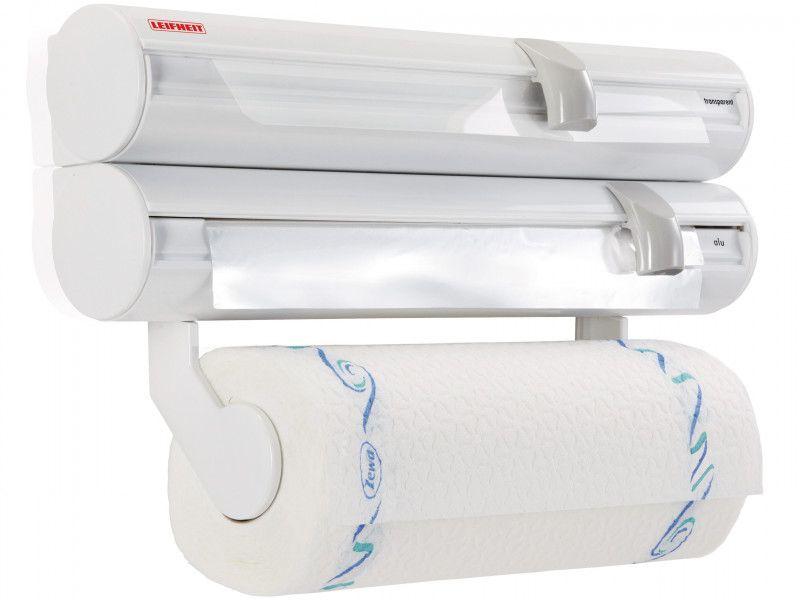 Leifheit Wall Mounted Kitchen Roll Holder for organized kitchen space, featuring easy refills and sharp blades for precise cutting.