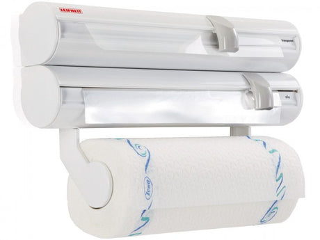 Leifheit Wall Mounted Kitchen Roll Holder for organized kitchen space, featuring easy refills and sharp blades for precise cutting.