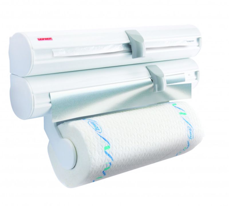 Leifheit Wall Mounted Kitchen Roll Holder in modern design, efficiently stores rolls and cuts foil or paper with ease.