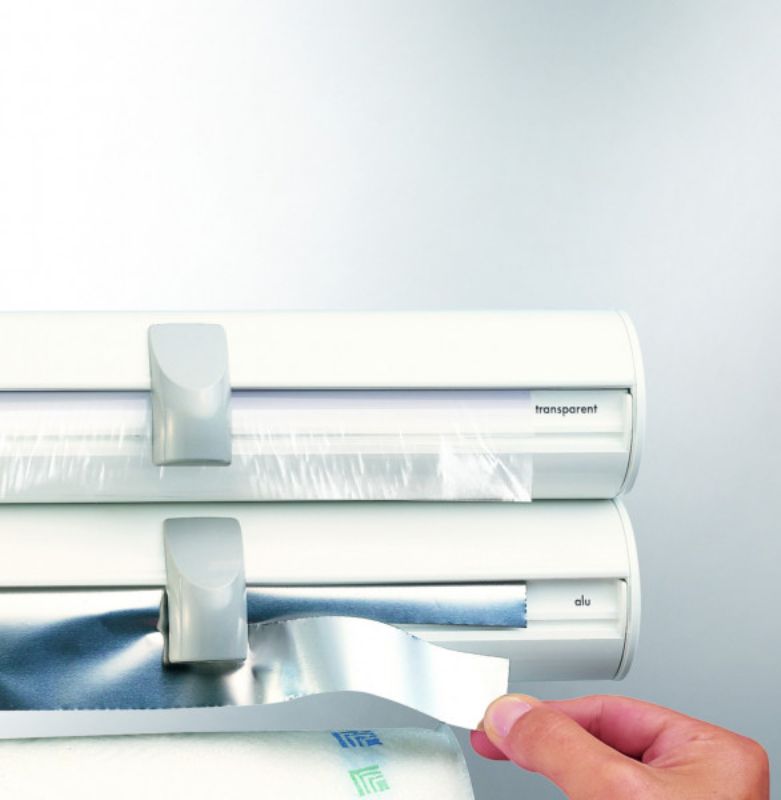 Leifheit wall-mounted kitchen roll holder with modern design, removable container, and sharp blades for easy cutting.
