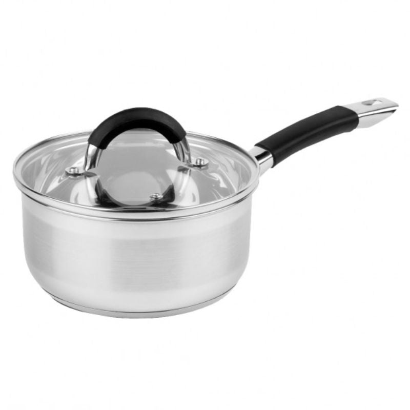 Wiltshire Supreme 18cm saucepan made of stainless steel with ergonomic handle, even heat distribution, and glass lid.