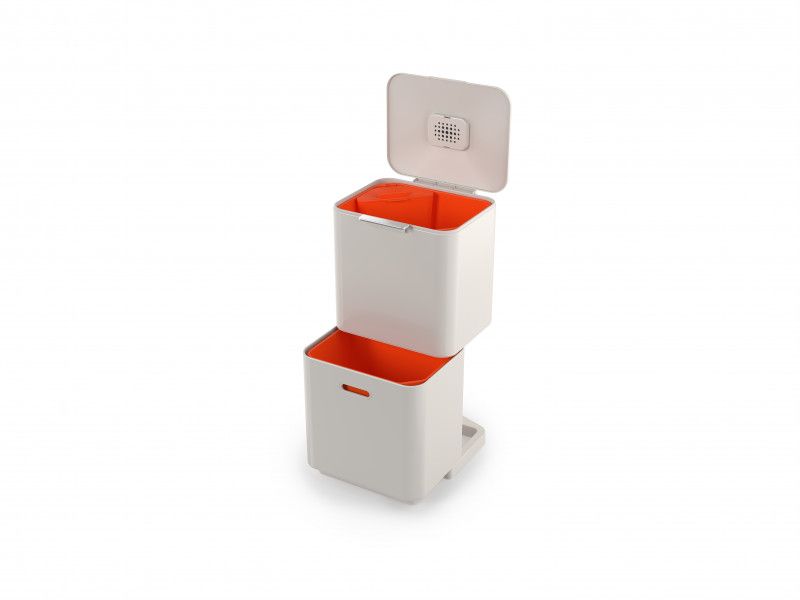 Joseph Joseph Totem Max 60-litre waste bin in Stone, featuring dual compartments for recycling and efficient waste disposal.