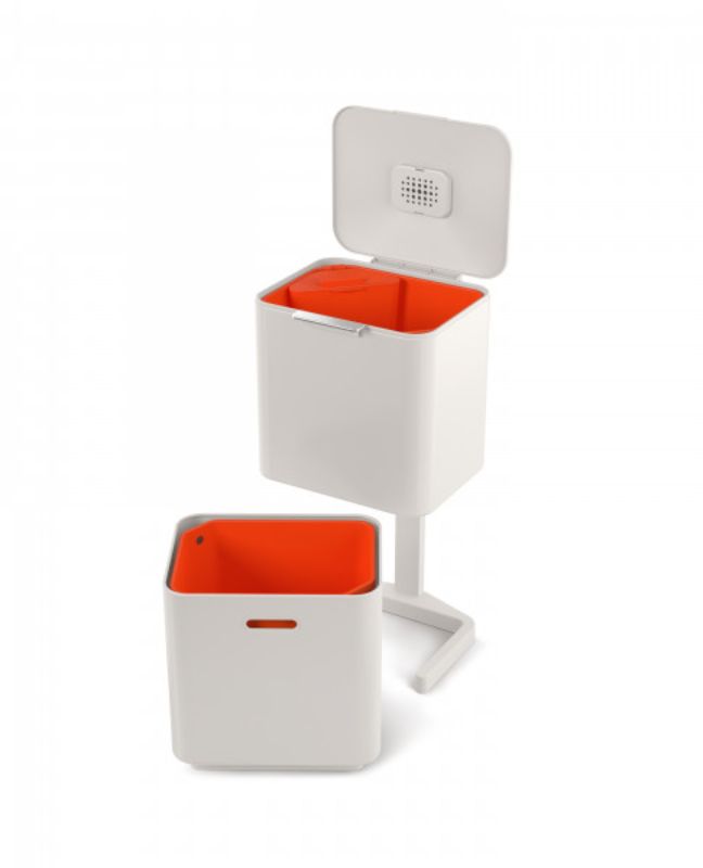 Joseph Joseph Totem Max 60-litre trash bin in Stone, featuring dual compartments for waste sorting and stylish, compact design.