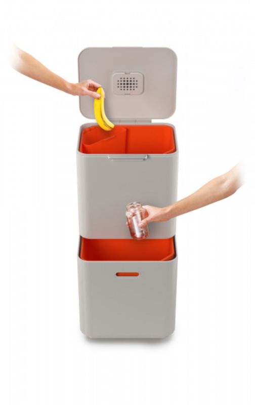 Joseph Joseph Totem Max 60-litre in Stone, a stylish, efficient waste bin with dual compartments and odour control features.