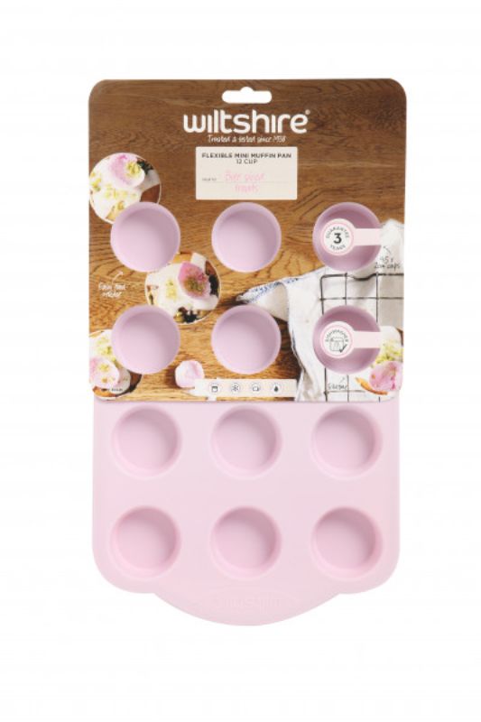 Wiltshire Flexible Mini Muffin Pan with 12 cups, non-stick for easy baking and compact storage, perfect for mini treats.