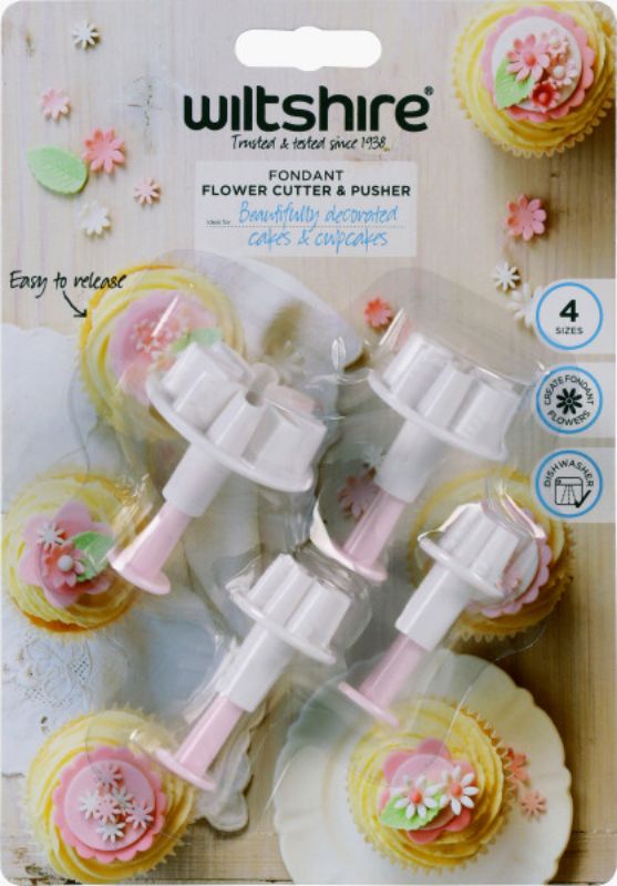 Wiltshire Flower Cutter & Pusher set for creating detailed fondant flowers, made from durable plastic and dishwasher safe.