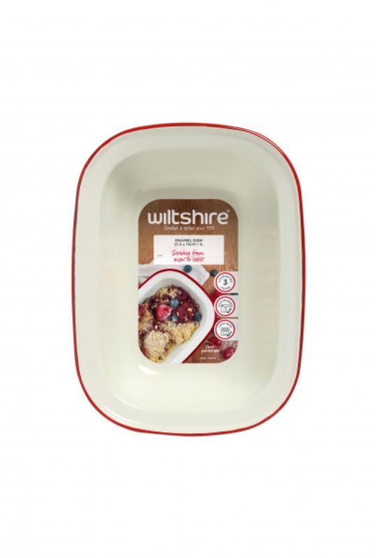 Wiltshire Enamel Obong Pie Dish, 26cm, with vibrant red rim, perfect for nostalgic baking of pies and crumbles.