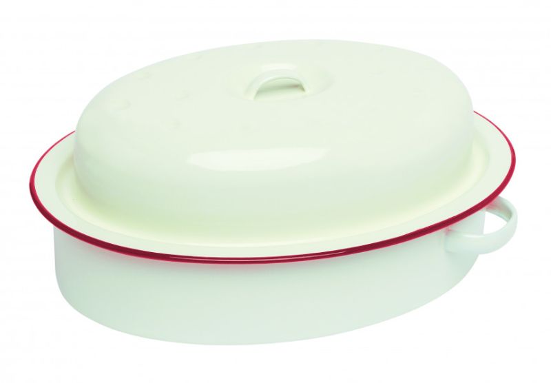 Wiltshire Enamel Oval Roaster 3L with lid and red rim, perfect for roasting and baking, made for durability and style.