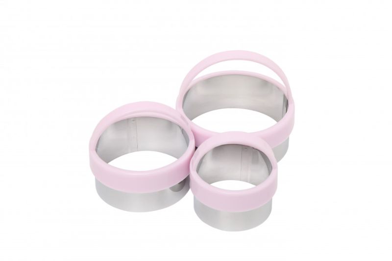 Set of 3 pastel pink scone cutters designed for uniform scones, perfect for high tea and easy storage.