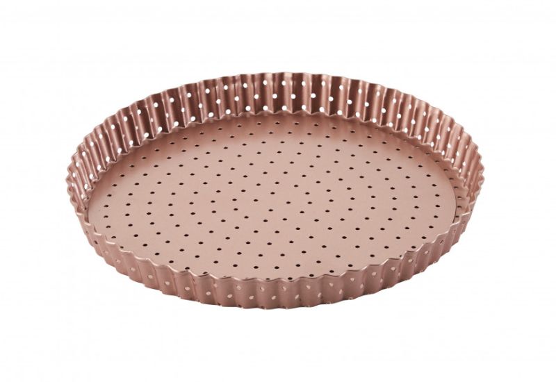 Wiltshire Perforated Round Quiche pan with removable base, non-stick surface, and stylish rose gold finish, 23.5cm diameter.