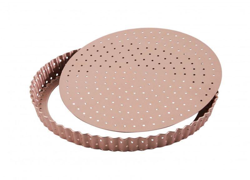 Wiltshire Perforated Round Quiche pan with removable base, stylish rose gold finish, ideal for quiches and tarts.