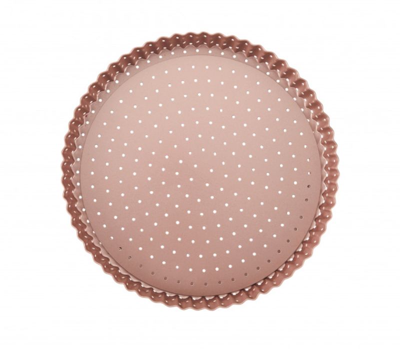 Wiltshire Perforated Round Quiche pan with removable base and non-stick surface, perfect for savory quiches and tarts.